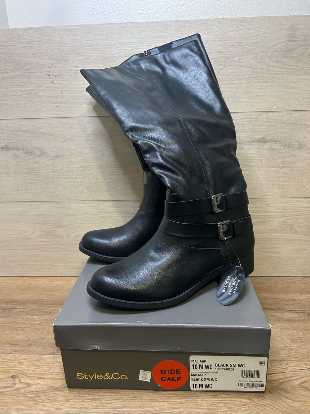 Style & Co Black Wide Calf Tall Boots 10 M MaliAAP Buckle Zip Knee Hig